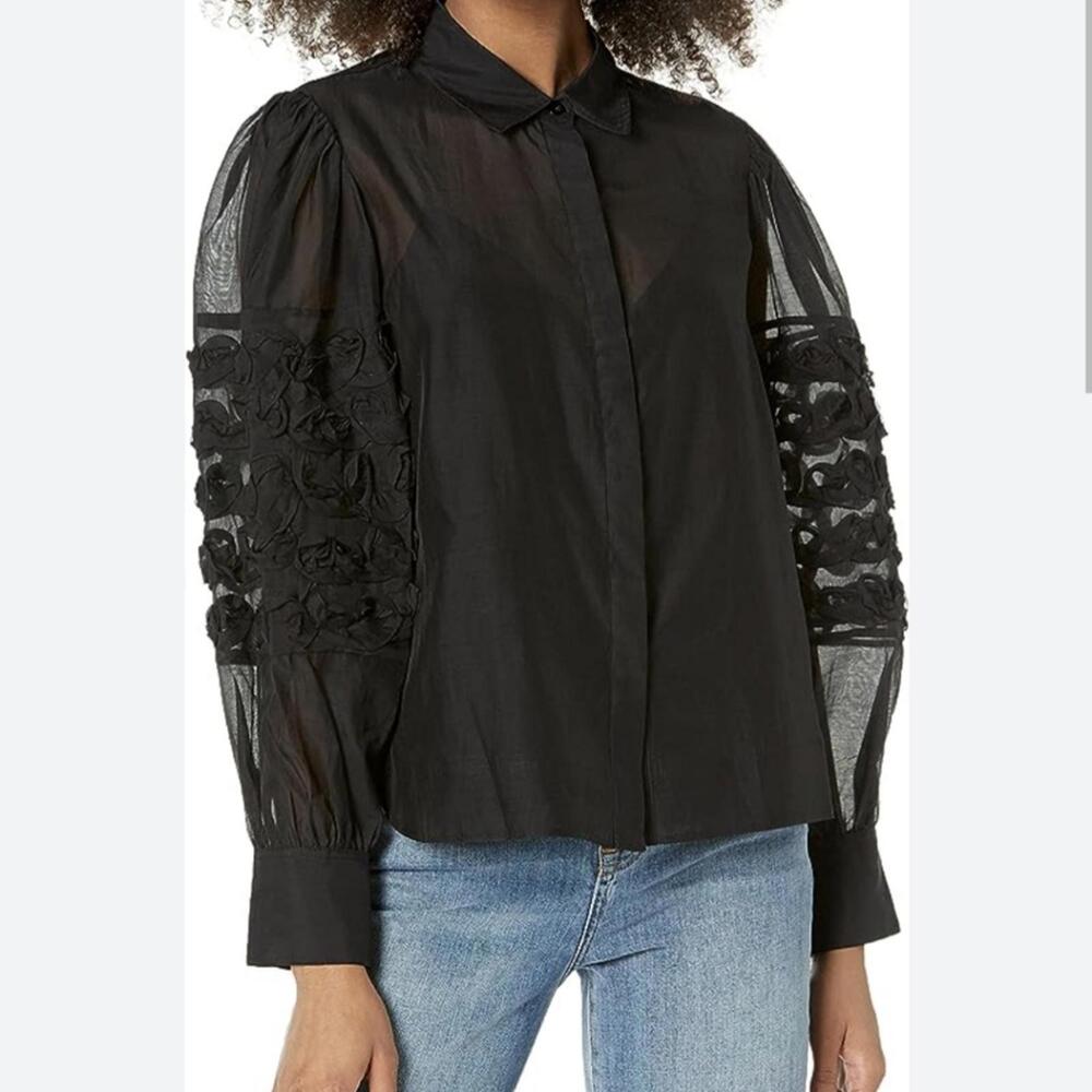 Rebecca Taylor floral sleeve black button down shirt